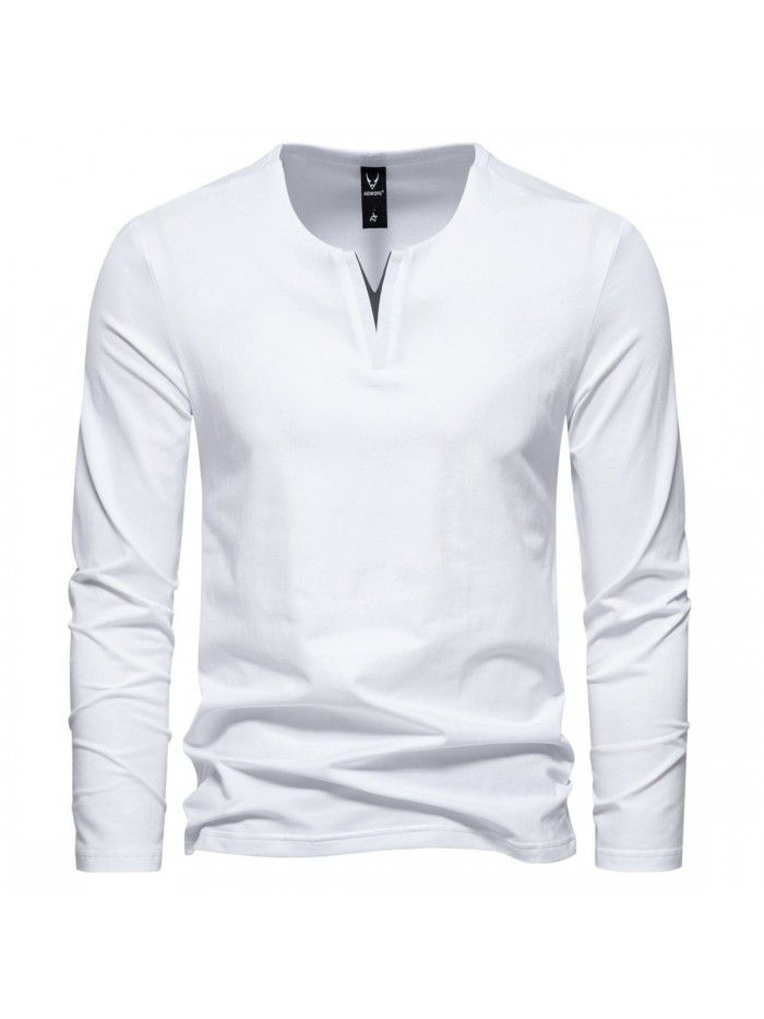 Autumn New Men's Fashion Henley T-shirt V-neck Long Sleeve T-shirt Casual Solid Underlay 