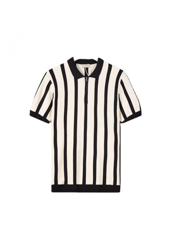 Half Zip Striped Polo Shirt Light Mature Summer Men's Short Sleeve T-shirt Trend Korean Knitted Casual Half Sleeves 