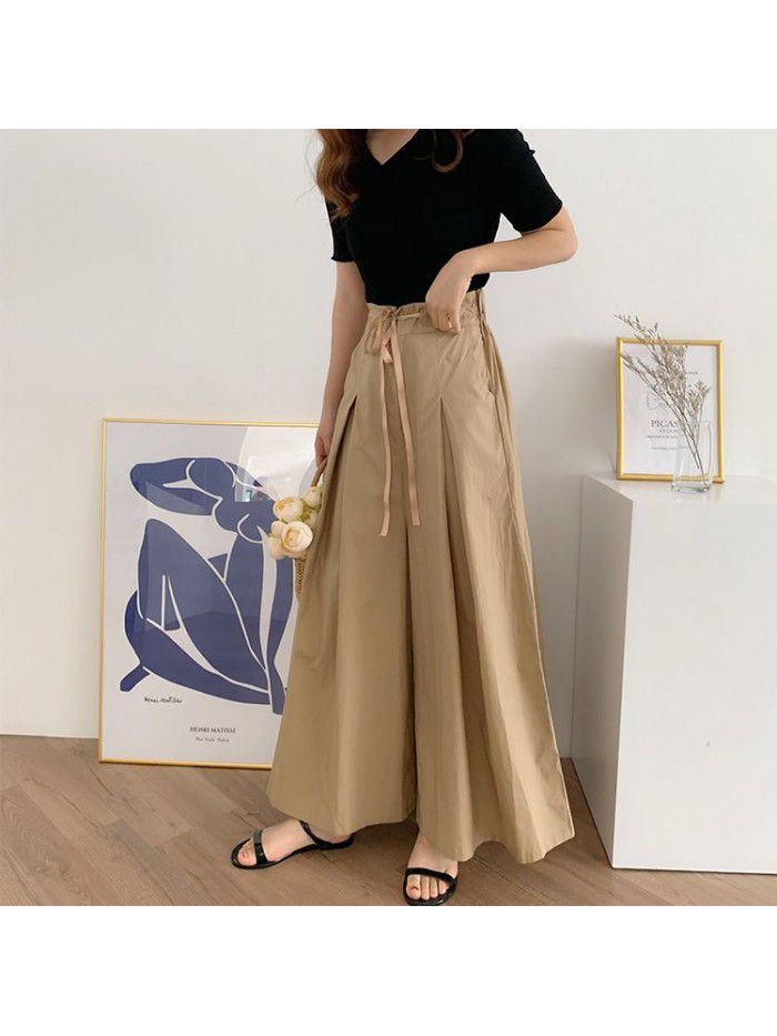 Wide leg pants, women's skirt pants, drawstring elastic waist, slimming pleated pants skirt, summer 