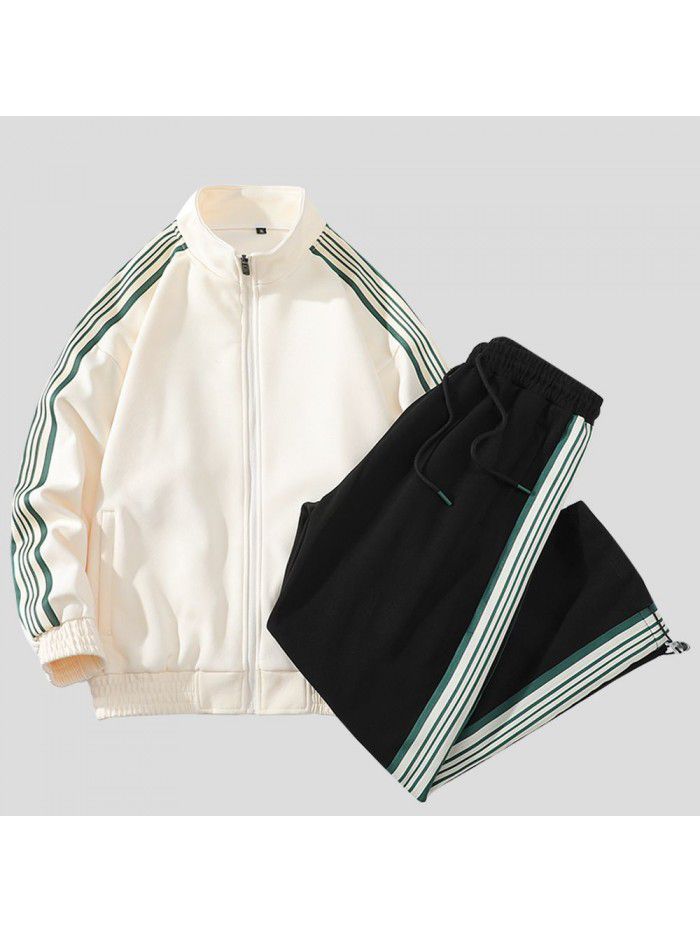 Sports Set Unisex Spring New Running Stand Neck Coat Loose Pants Casual Three Bar Two Piece Set 