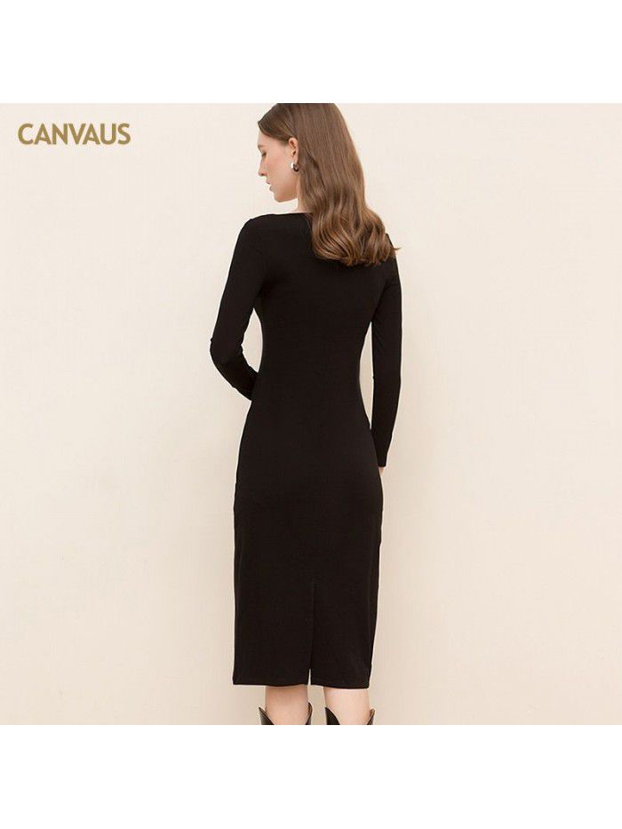 Square neck cotton medium length dress for women, solid color, long sleeved, slim fitting, split waist, pencil skirt for women 