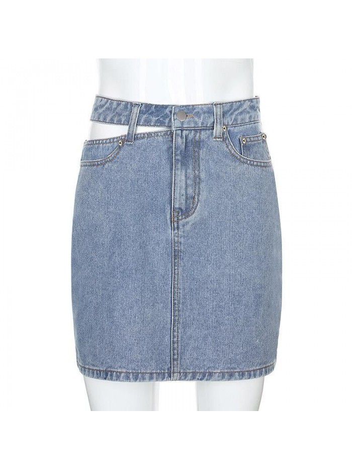 New Unilateral Hollow out Denim Skirt High Waist Slim Casual Wrapped Hip Denim Skirt Short Skirt for Women 
