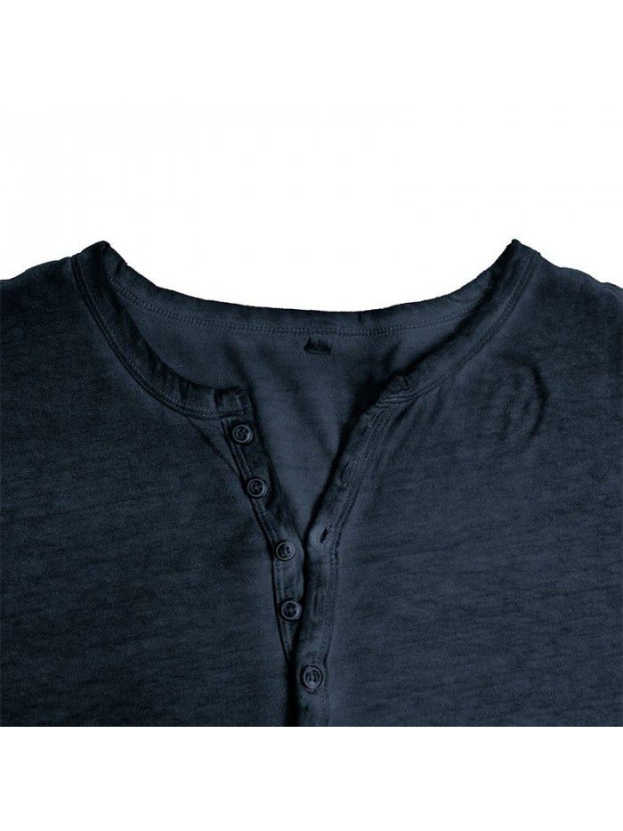 Men's imitation old Henry shirt retro long sleeved T-shirt cross-border men's button washed old V-neck T-shirt top 
