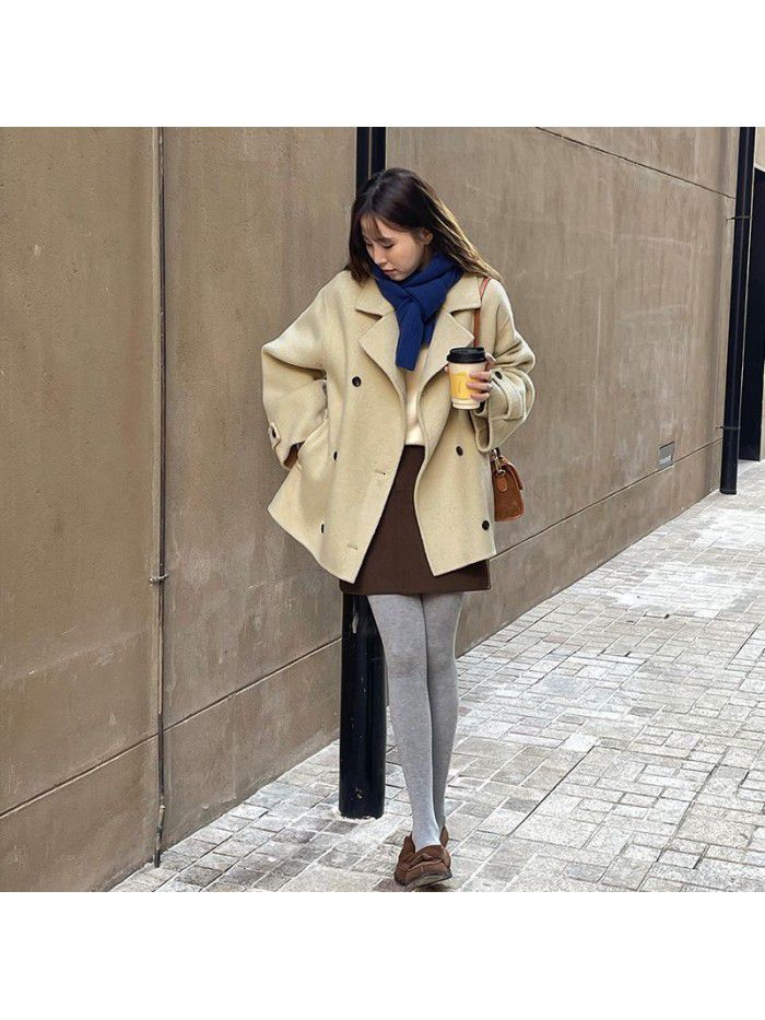 Retro lapel collar double breasted coat for women's winter new silhouette wool double-sided woolen coat