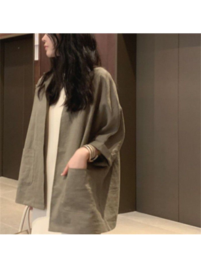 Loose ice silk cotton and hemp top Spring and summer new vintage large color contrast simple cotton and hemp T-shirt female 