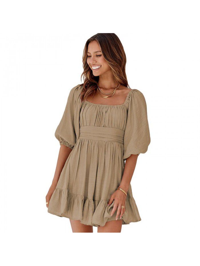Dress Women's New Summer Off Shoulder Solid Color Lacing Ruffle Sleeves Casual Dress Women