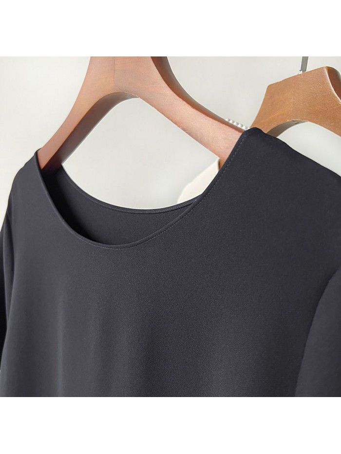 Women's Acetic Acid Short Sleeve Loose fitting Dress Mid length Simple Round Neck Long Dress 
