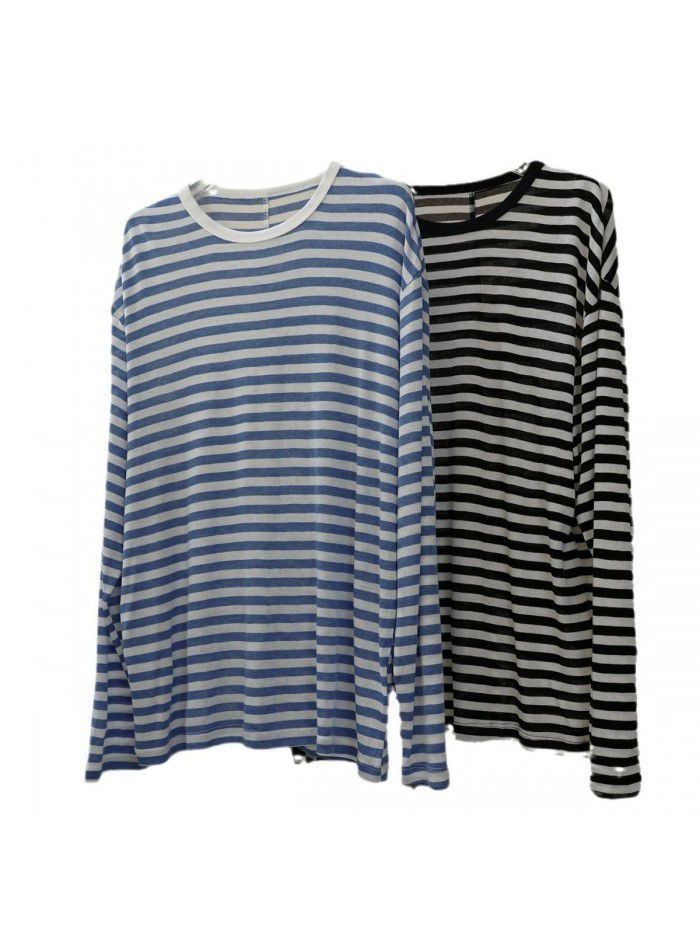 Autumn New Korean Version Lazy Soft Waxy Wool Striped T-shirt Loose, Slim, Comfortable Long Sleeve Casual Top 