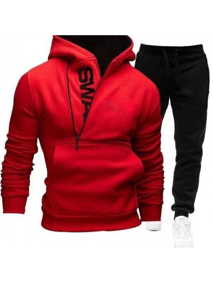 New Men's Hooded Oblique Zipper Print Pullover Two Piece Sweater Pants Outer Set 