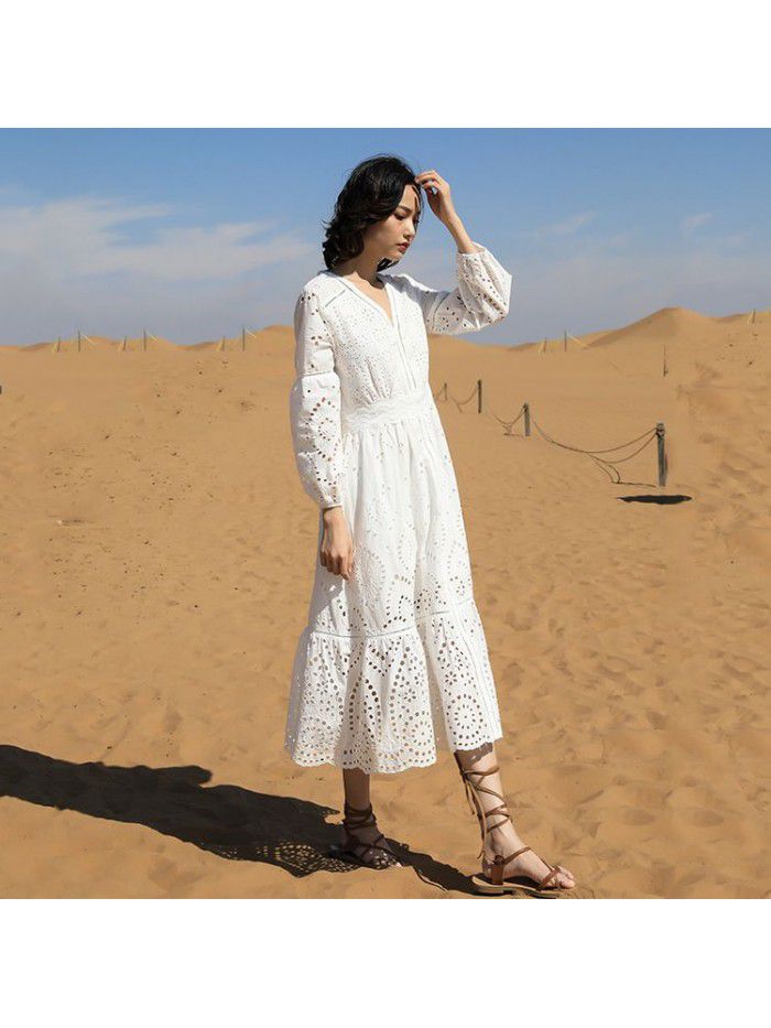 Autumn casual women's long dress pure cotton long sleeved V-neck A-line dress temperament beach 