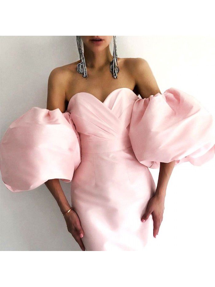 Autumn Women's Solid Color Wrapped Chest High Waist Lantern Sleeve Mid length Dress Dress  Autumn Women's Solid Color Wrapped Chest High Waist Lantern Sleeve Mid length Dress Dress