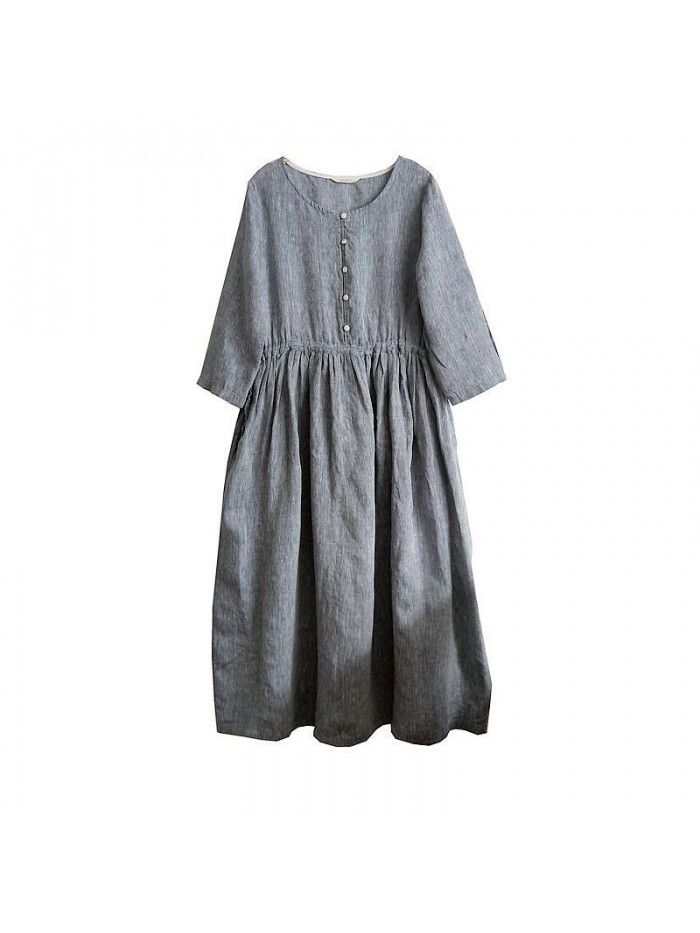 Pure linen medium sleeved medium length large swing dress 