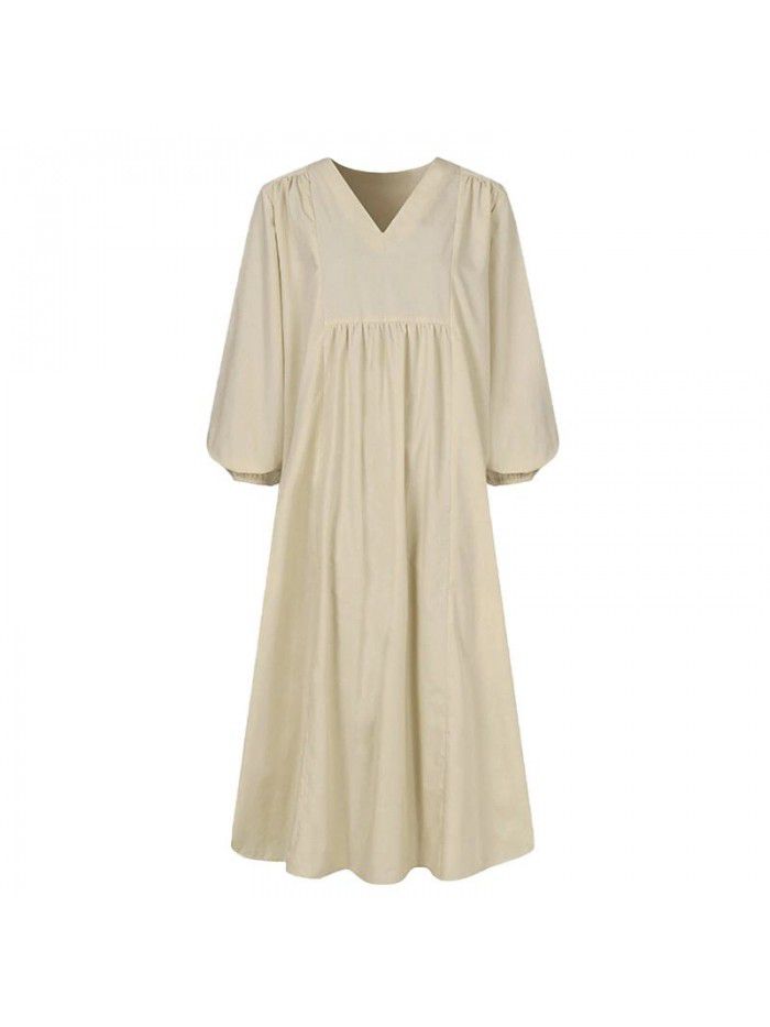 Summer New Fashion Women's Cotton Hemp Loose Lantern Sleeve Dress