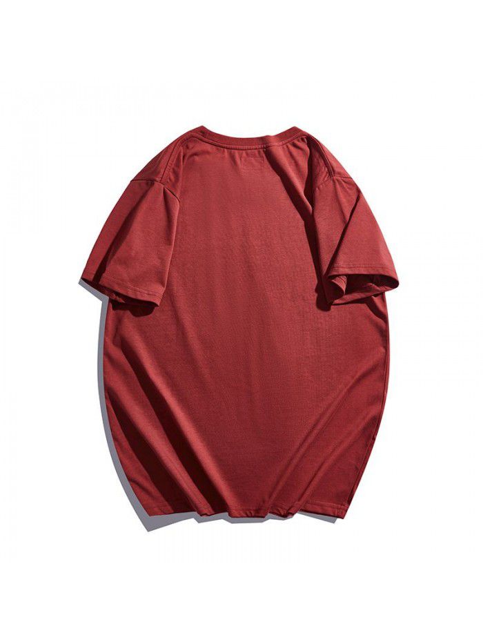Retro Retro Red Short Sleeve Round Neck T-shirt Solid Cotton Half Sleeve Fashion Men 