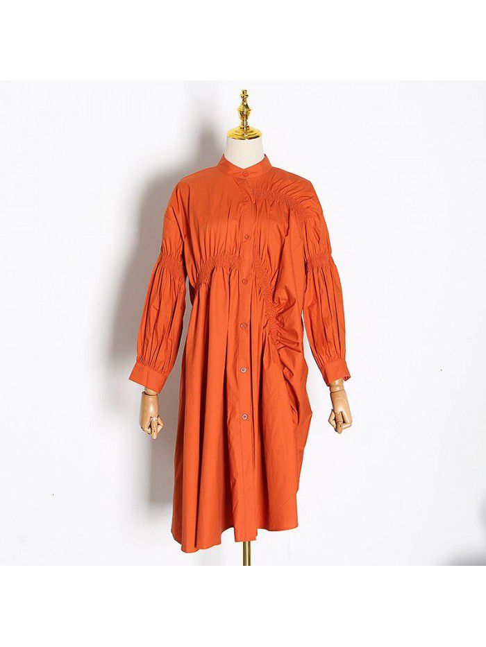 Loose personality, niche pleated trend, new fashionable temperament, lantern sleeves, solid color, irregular dress for women 