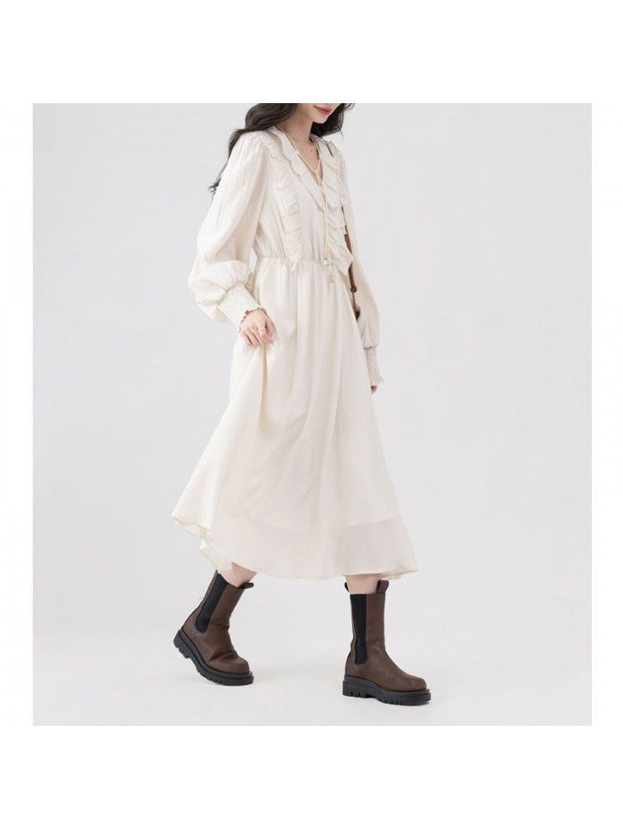 New Year Sweet and Gentle V-neck Apricot Long Dress Versatile Commuter Waist Slim A-line Dress 