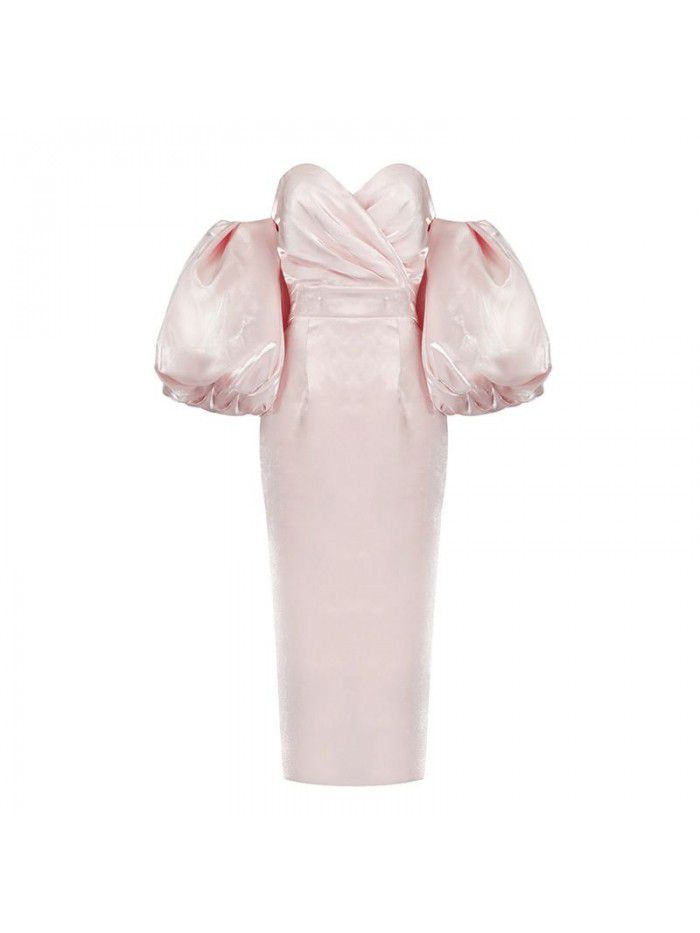 Autumn Women's Solid Color Wrapped Chest High Waist Lantern Sleeve Mid length Dress Dress  Autumn Women's Solid Color Wrapped Chest High Waist Lantern Sleeve Mid length Dress Dress
