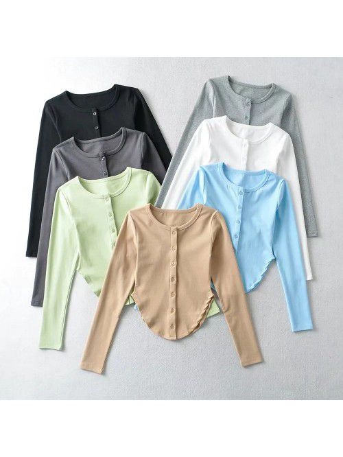 Irregular U-shaped hem long sleeved T-shirt for wo...