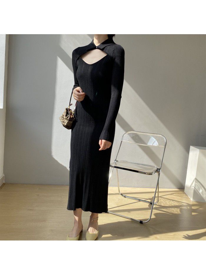 Slim Fake Two Piece Dress Women's Winter Celebrity Ladies Long Dress Temperament Slim Fit Skirt 