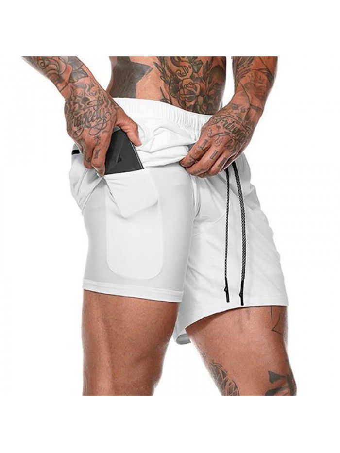 Men's double layer shorts, solid mesh sports and fitness training pants, five point casual pants, men's pants 