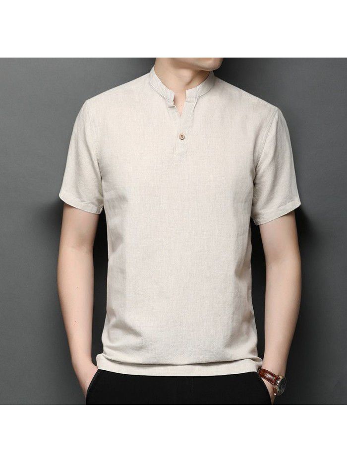 New Summer Men's Linen T-shirt Solid Fit Short Sleeve Casual 