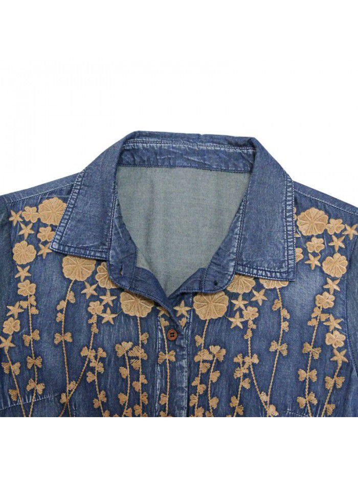 Vintage embroidery lapel belt temperament denim skirt mid length slimming autumn dress 