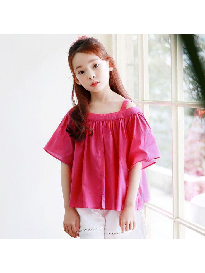 2023 New Summer Korean Edition Children's Off Shoulder Mid size Top Short Sleeve T-shirt for Girls One Piece Replacement A422 