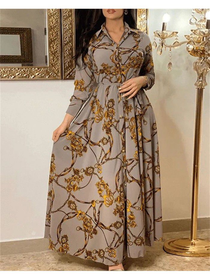 New retro floral print single breasted belt long dress 