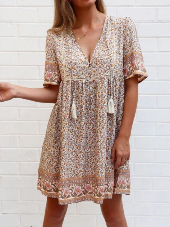 New Women's Lace Decoration Hollow Short Sleeve Fashion V-Neck Positioning Print Mid length Dress Dress 