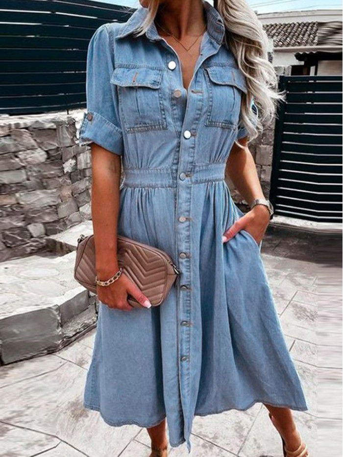 New European and American Polo Neck and Breast Fit Denim Dress 