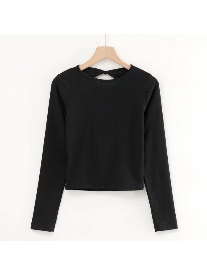 Long sleeve T-shirt sexy water drop large open back fashion women's autumn and winter solid color round neck short slim top 
