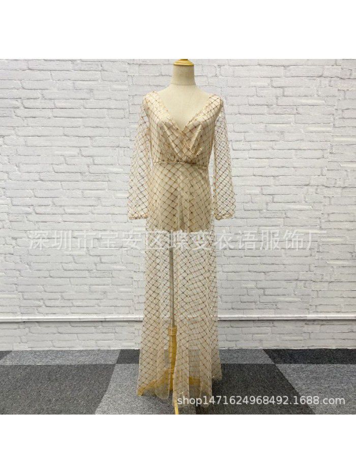 Sexy V-neck open back plaid sequin long evening dress perspective dress 
