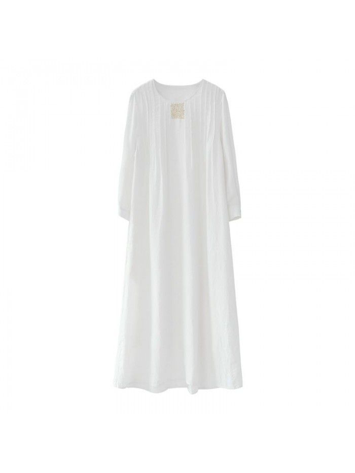 Spring Sand Wash Linen Double Layer Immortal Air Handmade Sesame Embroidery Slim Long Dress Loose Fit 