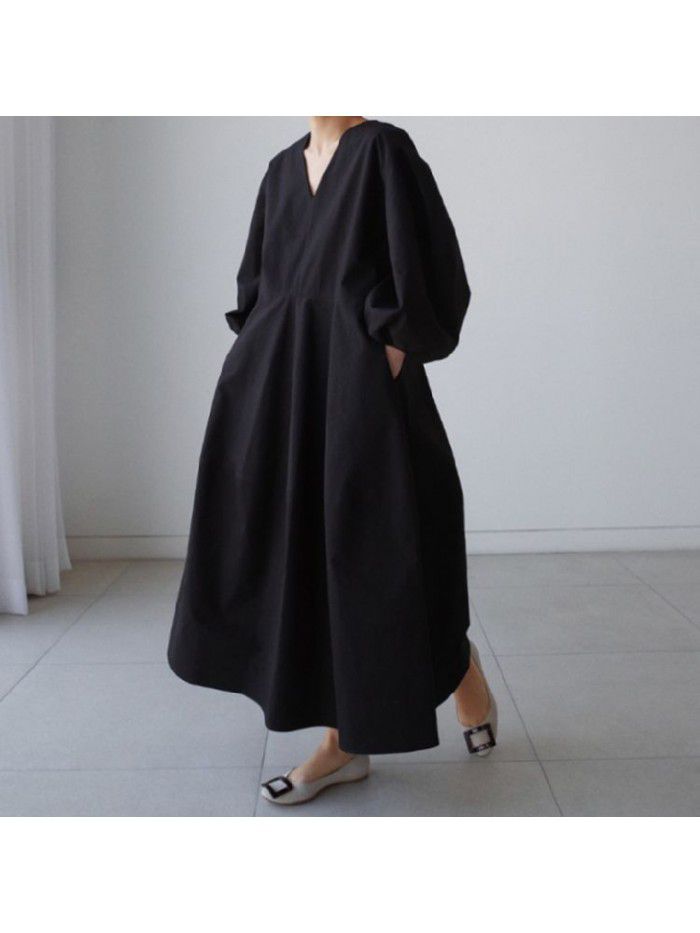 Loose oversized shirt skirt, knee length dress, casual student base shirt, lantern sleeve doll skirt 