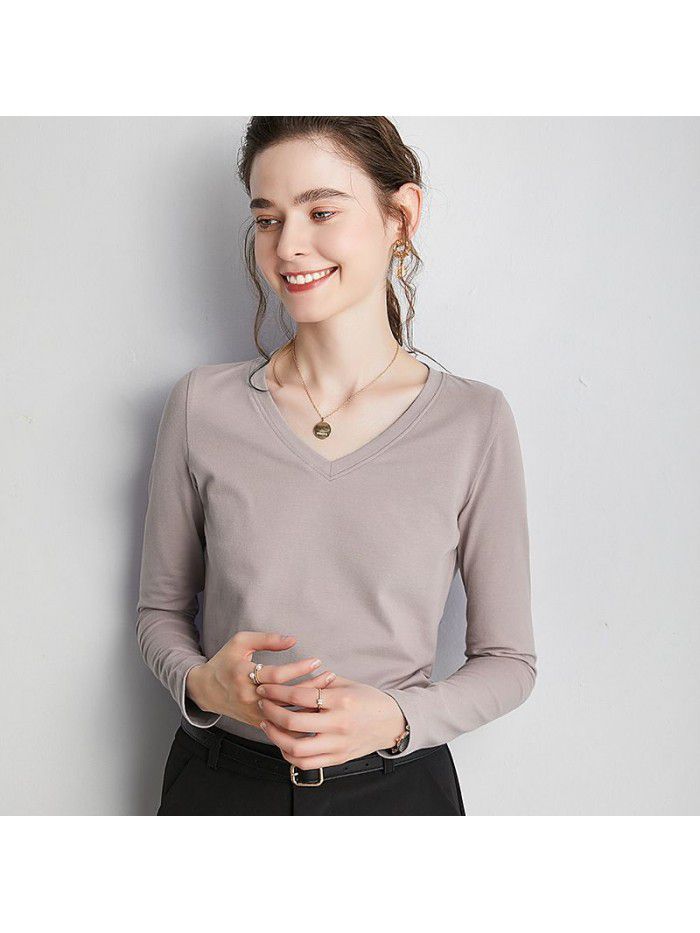 Women's Long sleeved T-shirt Women's Summer New Underlay V-neck T-shirt Loose Solid Color Simple 