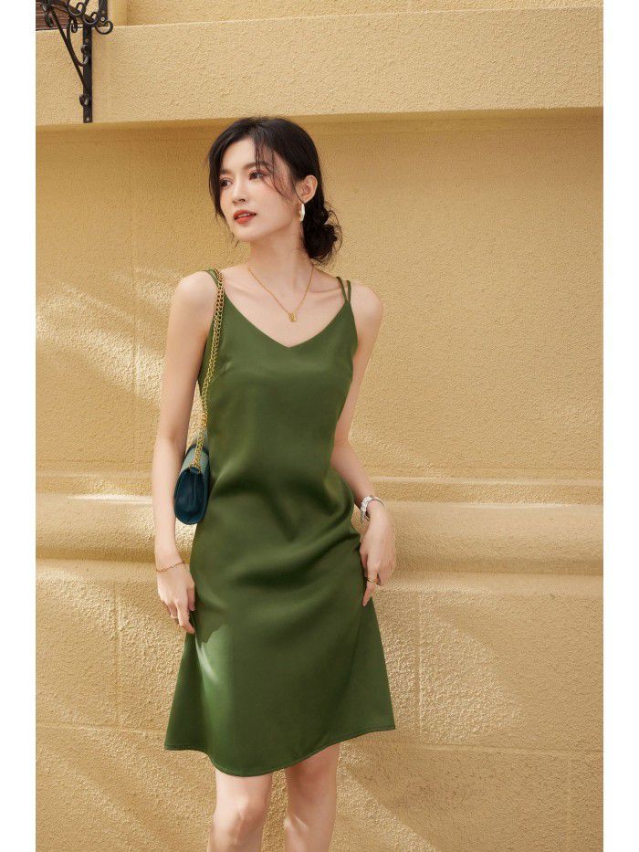 Dress Satin Mid length Dress Summer New Slim Sexy Women's Strap Dress  Dress Satin Mid length Dress Summer New Slim Sexy Women's Strap Dress