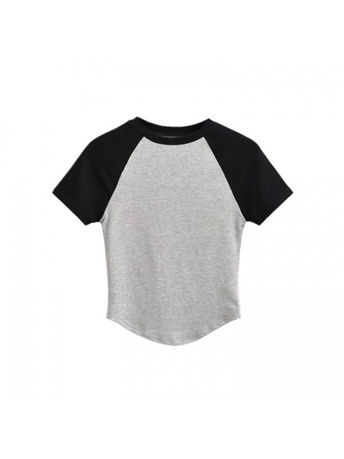 Retro panel contrast hem irregular versatile top summer basic round neck slim short t-shirt women 