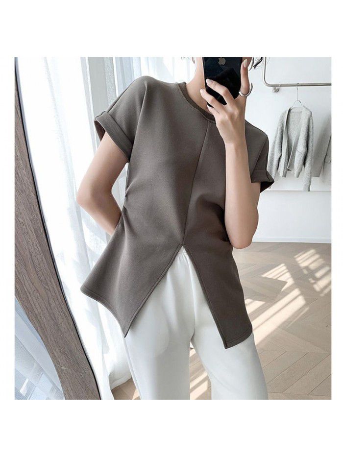 Split Shoulder T-shirt for Women's Summer New Style Waist Slim Fit and Slim Fit Short Sleeve Top 