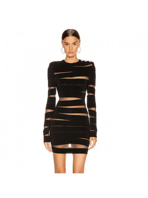 Women's Long Sleeve Mesh Irregular Striped Black C...