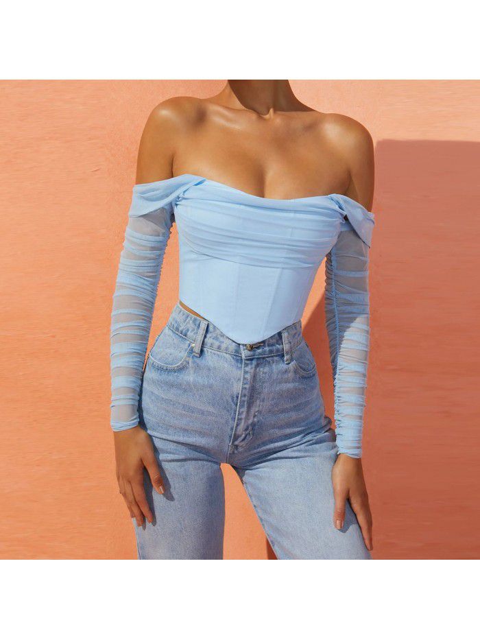 mesh fishbone perspective one line collar exposed navel short T-shirt top for women 