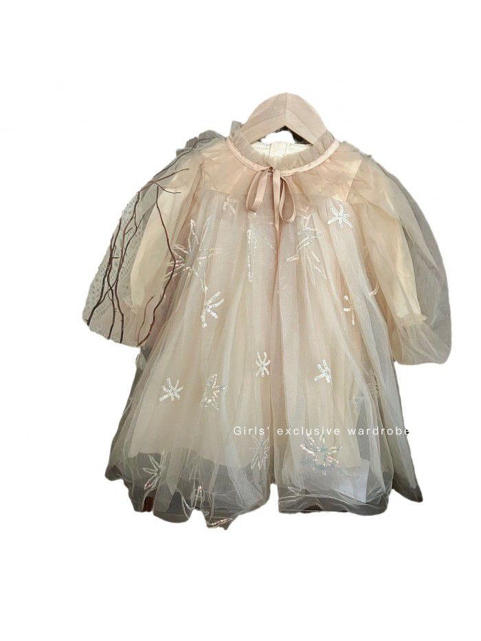 Korean Children's Wear New Autumn Girls' Mesh Princess Dress Lantern Sleeve Temperament Dress Sequin Birthday Dress 