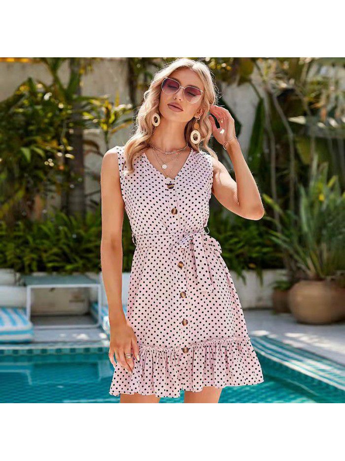 Summer Lace up V-neck Mid length Dress Temperament Commuter New Wave Dot Dress 
