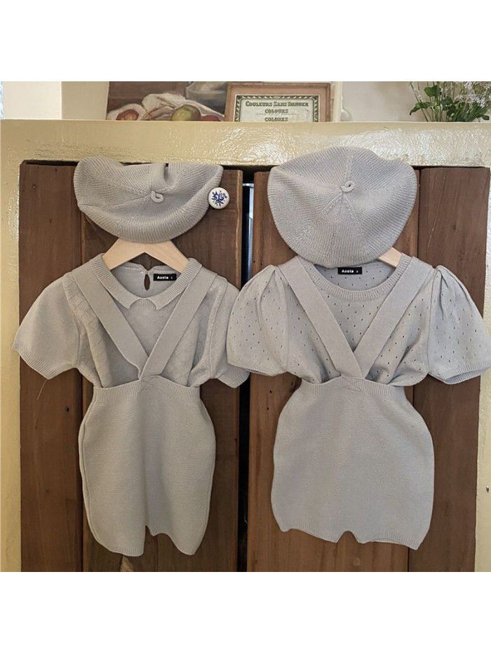 Children's summer new style children's bubble sleeve knitted T-shirt top girls round neck pullover 