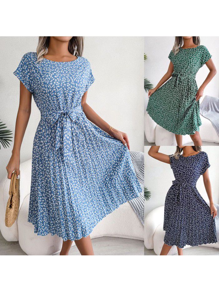 Spring and summer new casual short-sleeved floral pleated skirt 