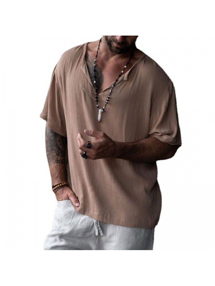Summer Southeast Asia Street Fashion Men's V-Neck Shirt European and American Casual Loose Solid Neck Medium Sleeve T-shirt 