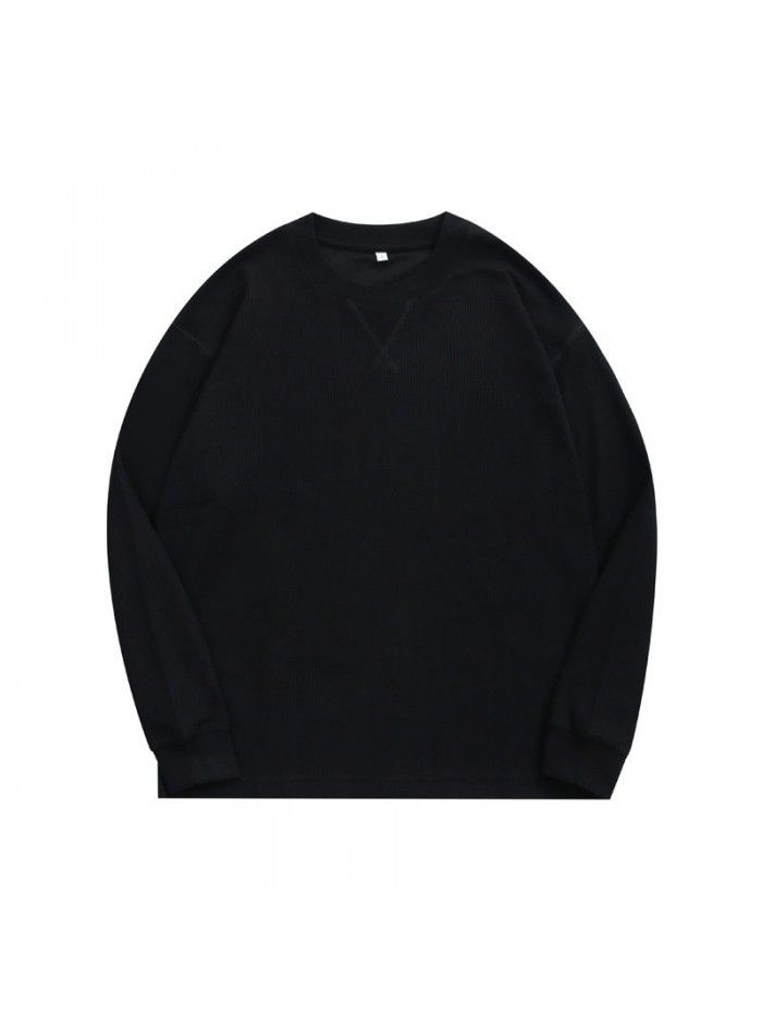 Waffle Long Sleeve T-shirt Men's Heavyweight Round Neck Loose Base Solid T-shirt 
