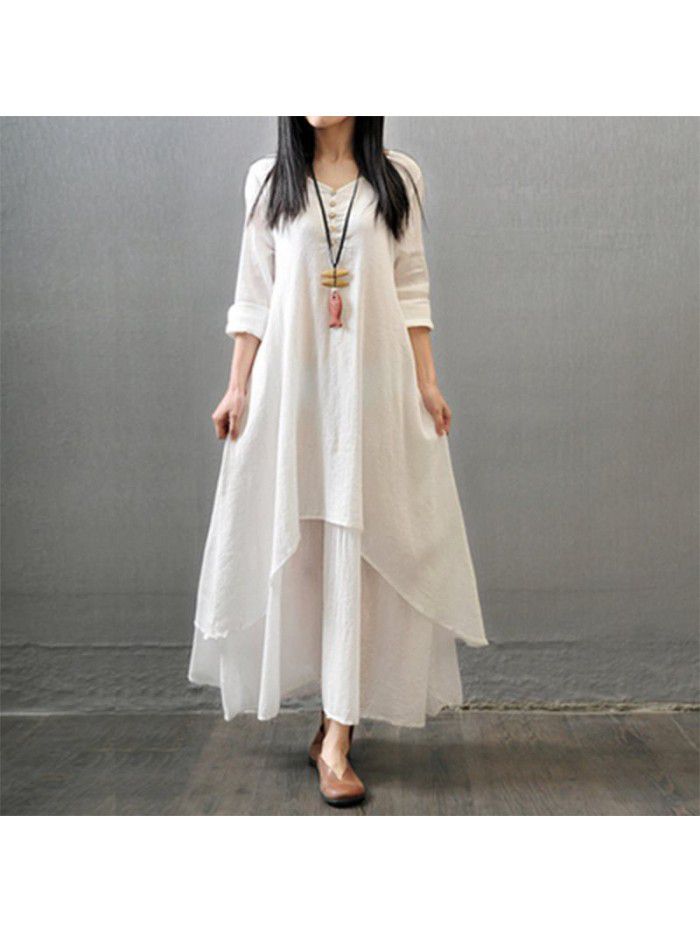 Spring and autumn holiday two-piece long skirt, artistic large linen dress, loose long-sleeved cotton and linen skirt 