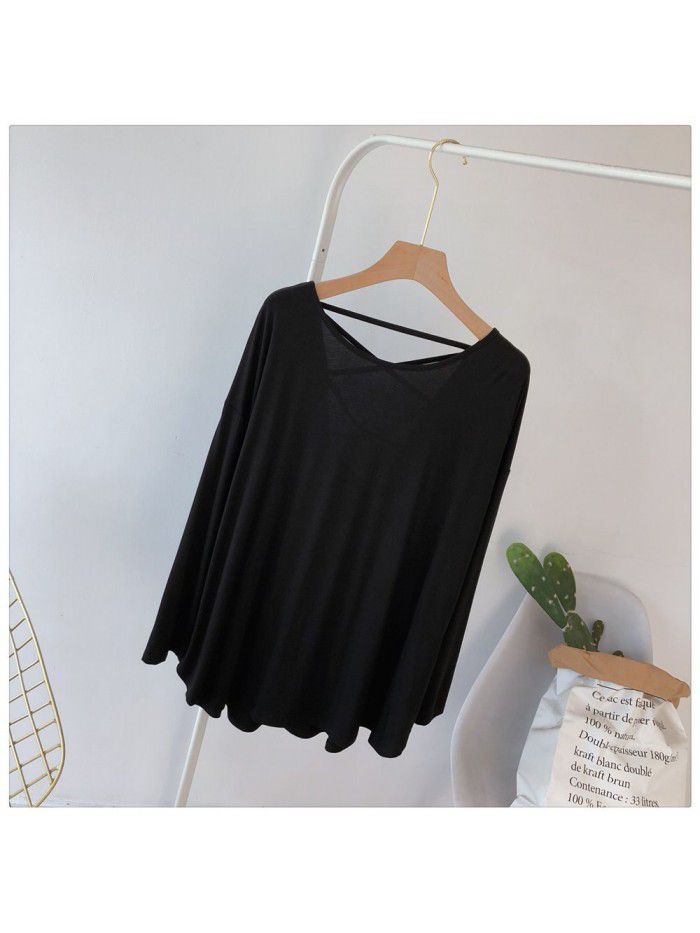 Sexy backless long sleeved T-shirt for women, loose fitting large size Korean autumn outfit, solid color drape, lazy dance dress 