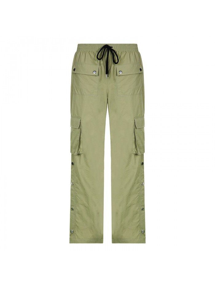 Summer Street Style High Waist Straight Barrel Drawstring Lace Up Buckle Casual Pants 
