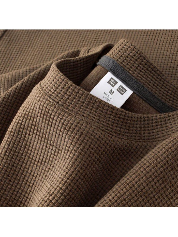 Short sleeved men's T-shirt Japanese vintage heavy weight coffee waffle men and women brown chocolate loose half sleeved summer 